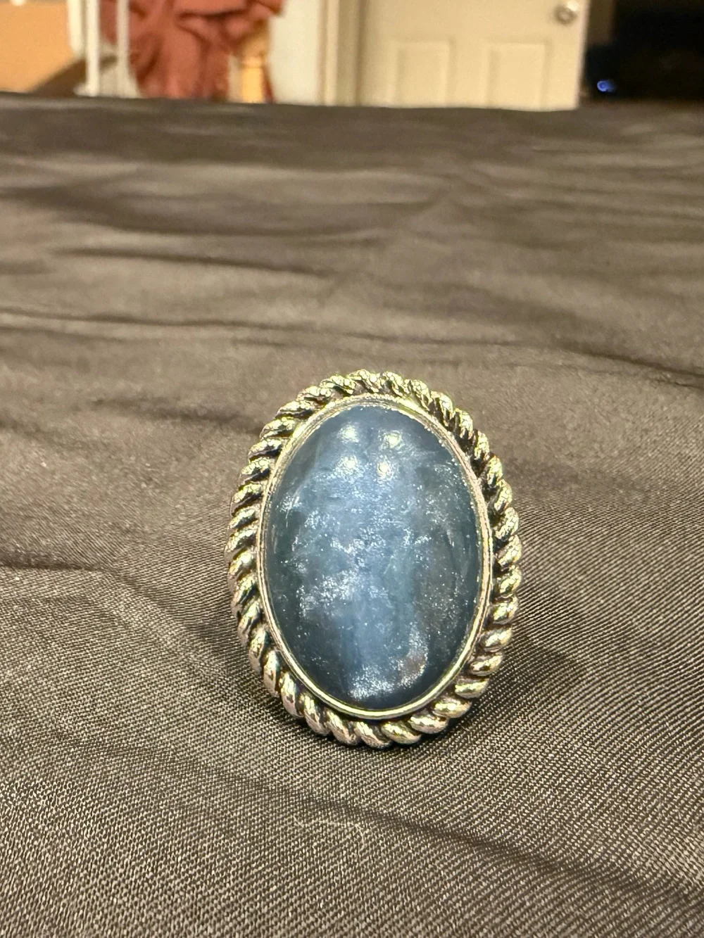 Vintage Sterling Silver Blue Statement Ring Large Oval Cabochon Boho